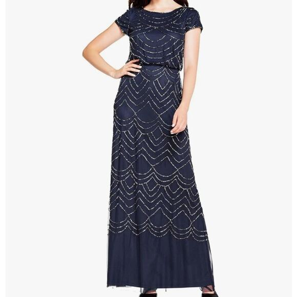 Adrianna Papell Dresses & Skirts - Adrianna Papell Formal Gold Beaded Navy Gown Classic Sz 4